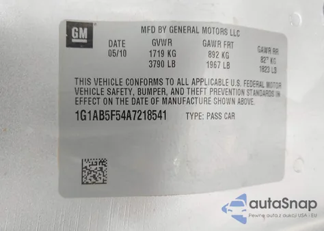 2010 Chevrolet Cobalt Ls z USA, uszkodzony, nr VIN 1G1AB5F54A7218541